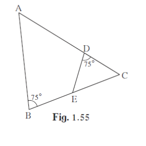 In figure1.55, Ð ABC=75°, Ð EDC=75° state which two triangles are similar and by which test? Also write the similarity of these two triangles by a proper one to one correspondence.