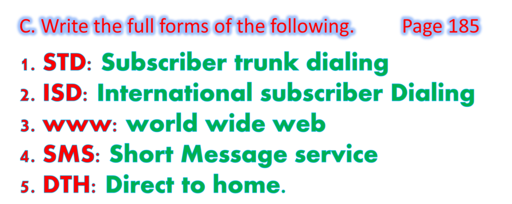 1. STD: Subscriber trunk dialing
2. ISD: International subscriber Dialing
3. www: world wide web
4. SMS: Short Message service
5. DTH: Direct to home.
